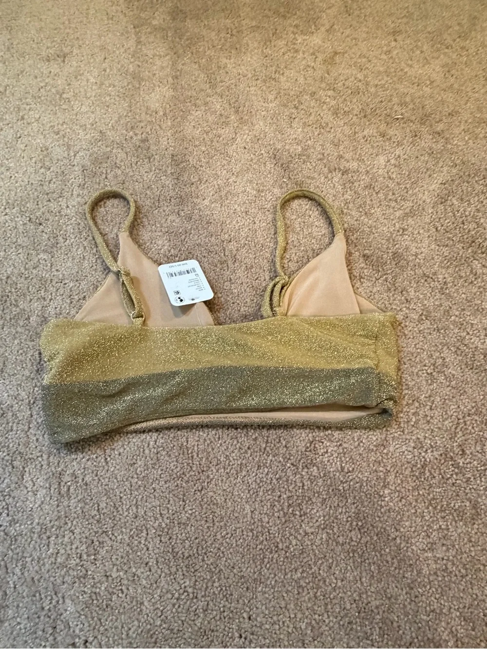 NWT new medium free people Beach Riot Noah Shimmer bikini swim top gold taupe